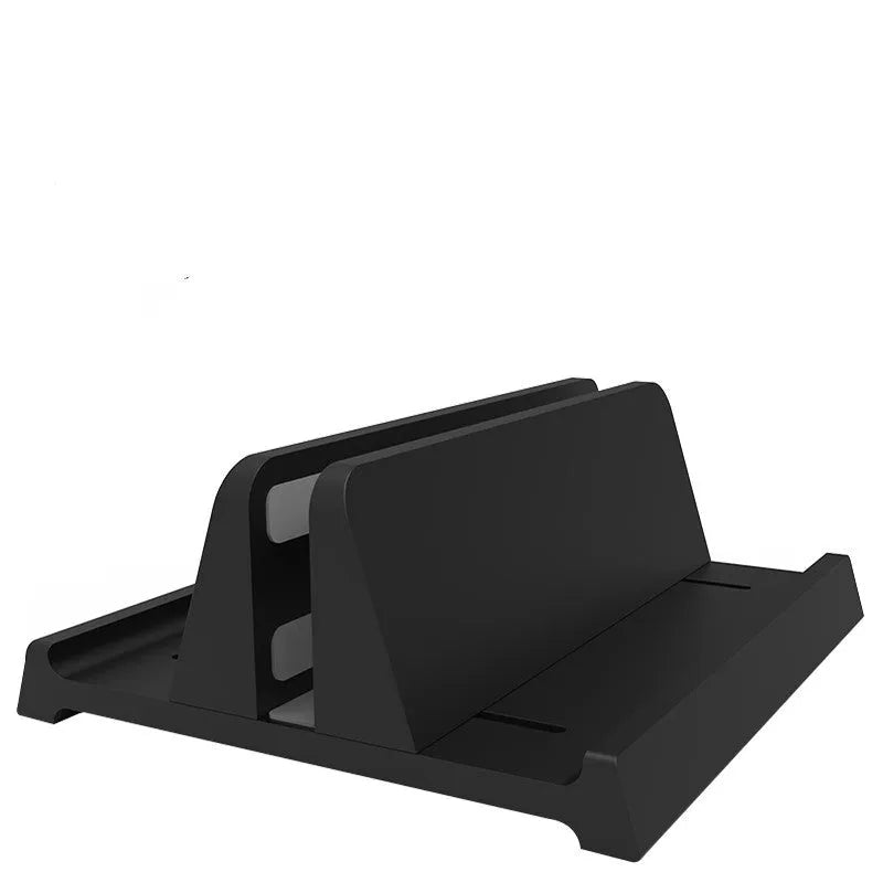 Aluminium alloy vertical stand holding a MacBook laptop upright