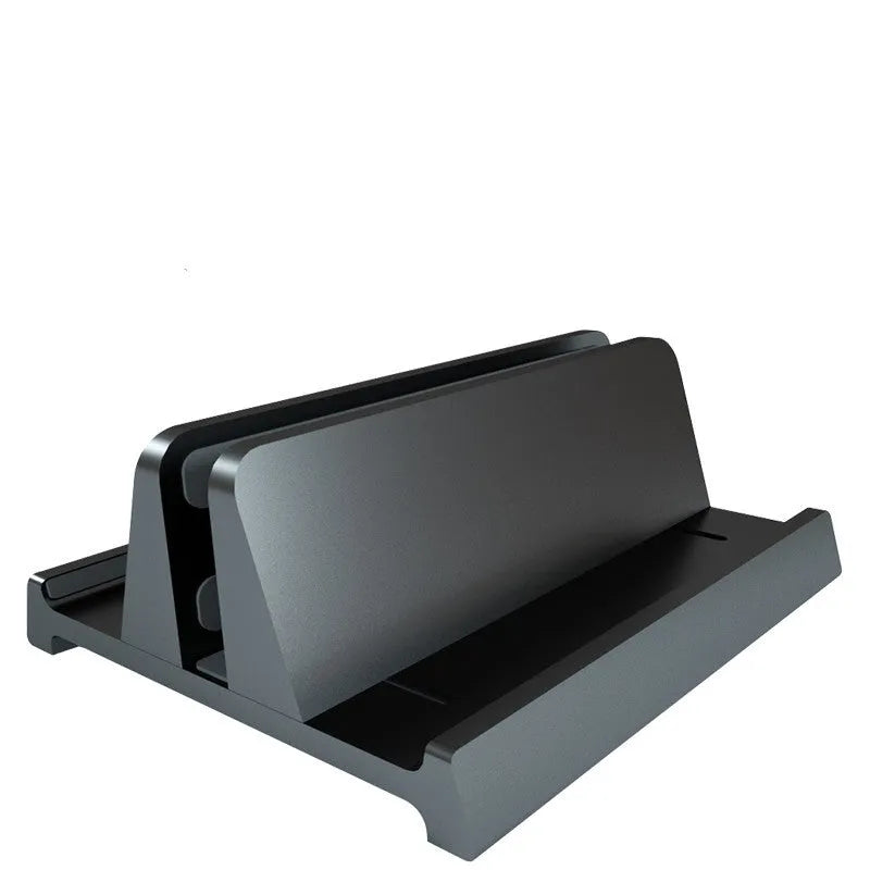 Aluminium alloy vertical stand holding a MacBook laptop upright
