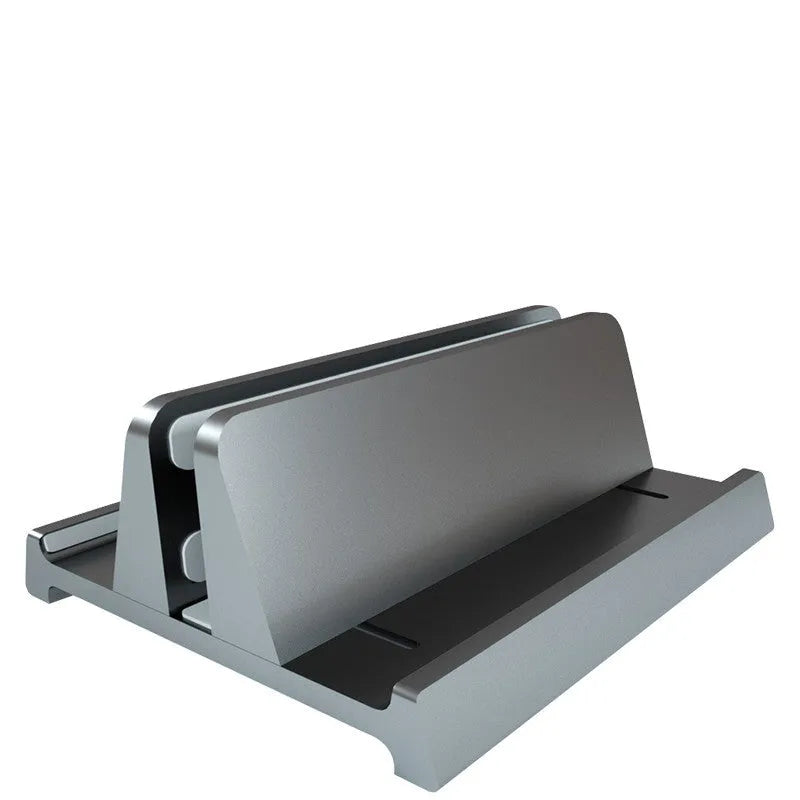 Aluminium alloy vertical stand holding a MacBook laptop upright