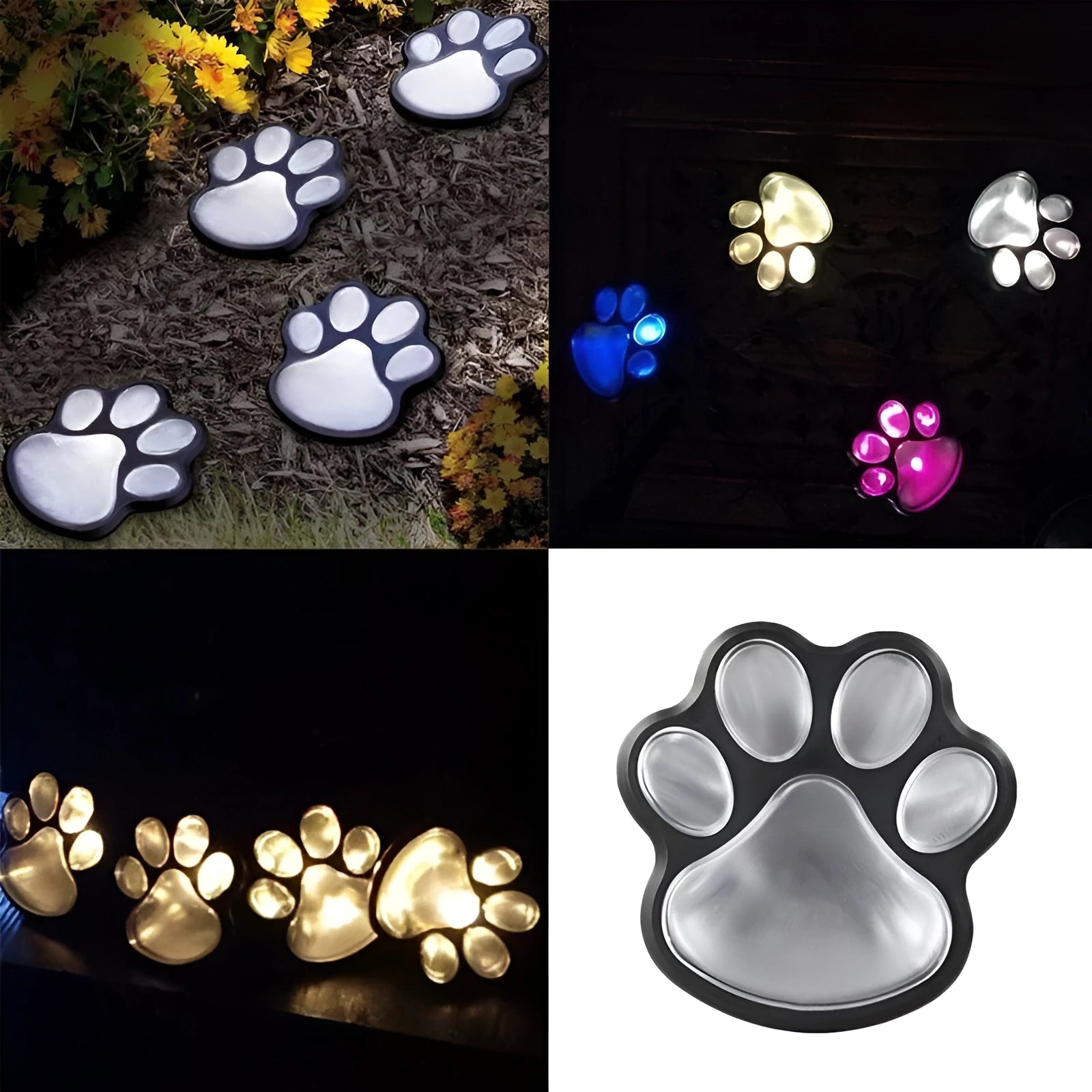 Black solar powered animal paw print garden lights with four paw-shaped LED lamps