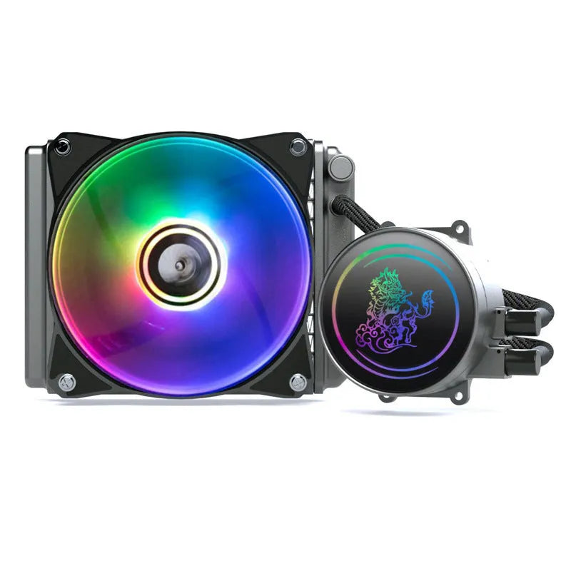 Kirin 240 CPU water cooling radiator with colourful ARGB fans on a 240mm copper-aluminium radiator.