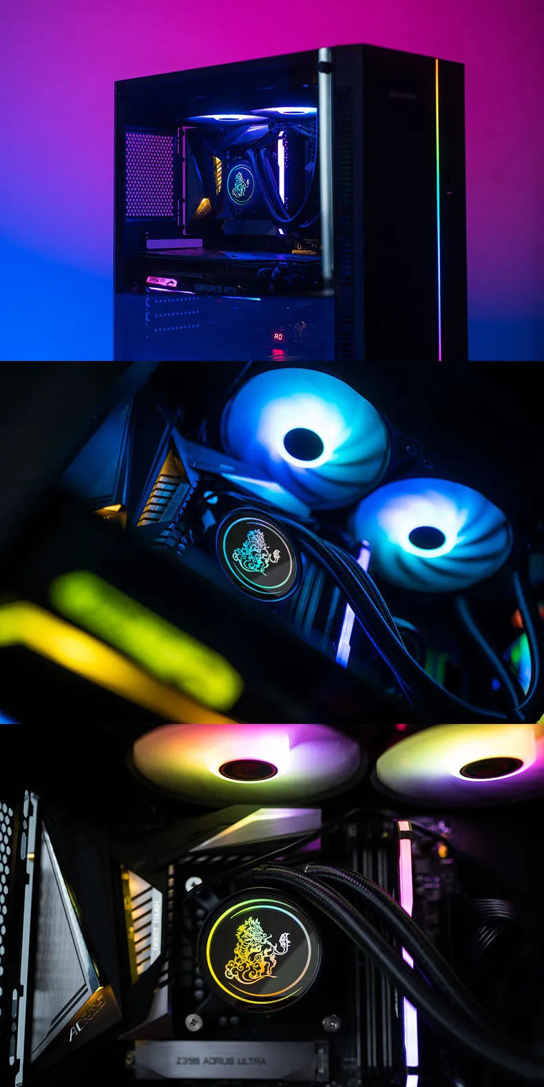 Kirin 240 CPU water cooling radiator with colourful ARGB fans on a 240mm copper-aluminium radiator.