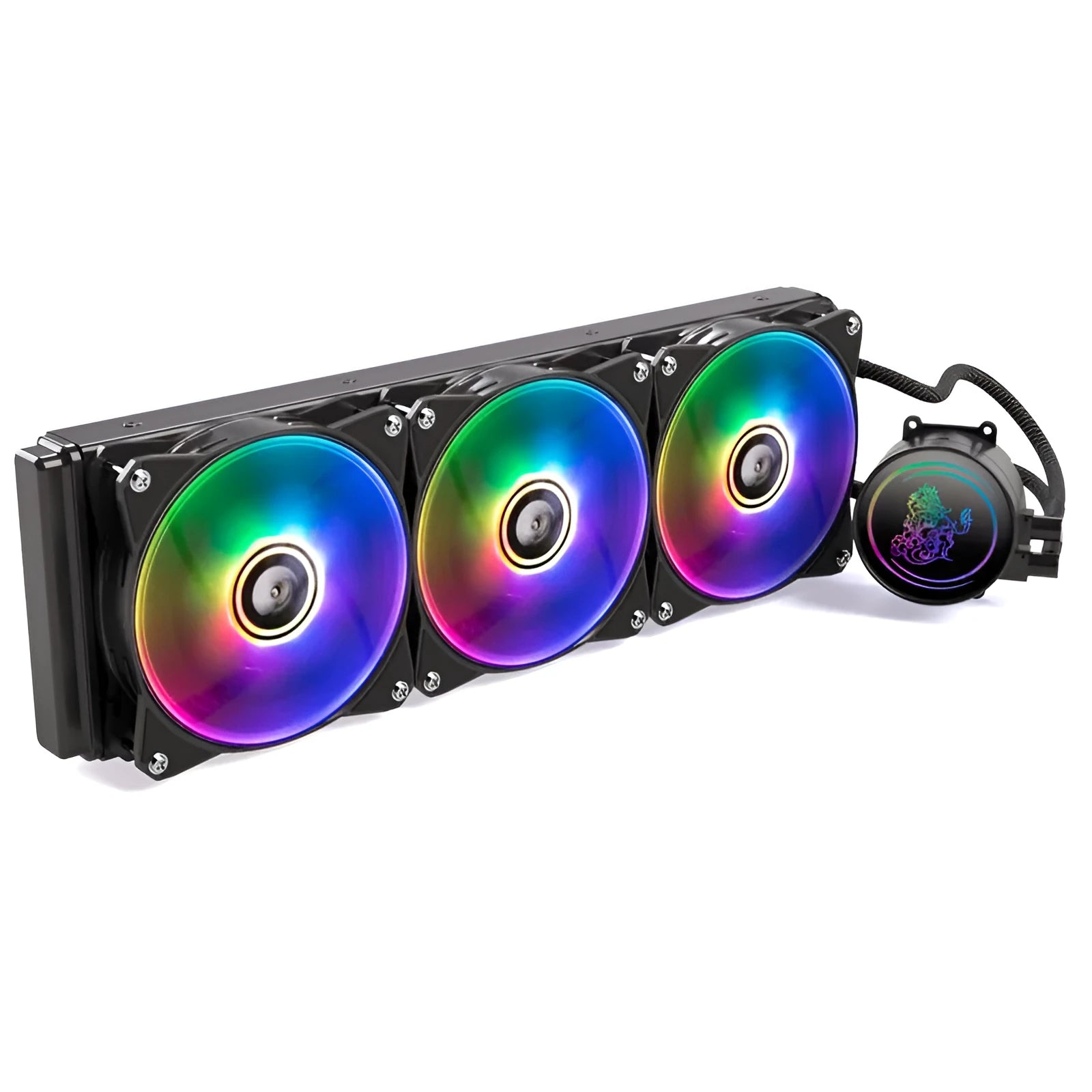 Kirin 240 CPU water cooling radiator with colourful ARGB fans on a 240mm copper-aluminium radiator.