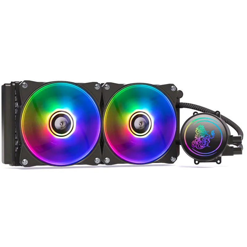 Kirin 240 CPU water cooling radiator with colourful ARGB fans on a 240mm copper-aluminium radiator.