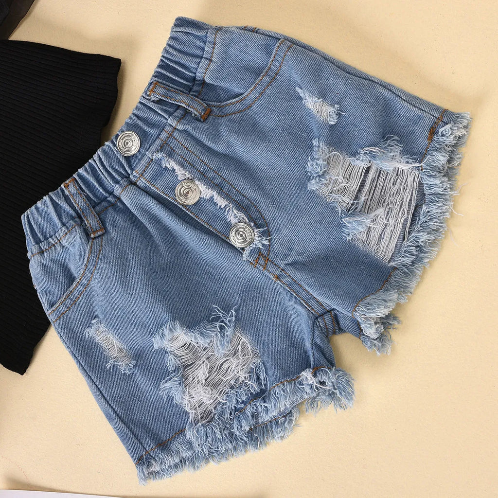 Black children's two-piece suit with striped top, mesh sleeves, and ripped denim shorts.