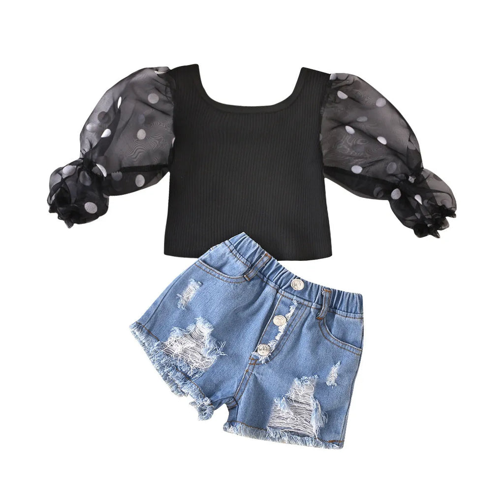 Black children's two-piece suit with striped top, mesh sleeves, and ripped denim shorts.