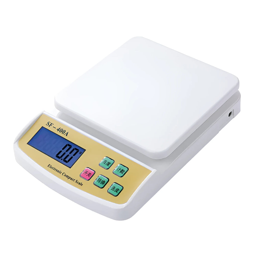 SF-400A black electronic kitchen scale on a countertop displaying a weight reading.