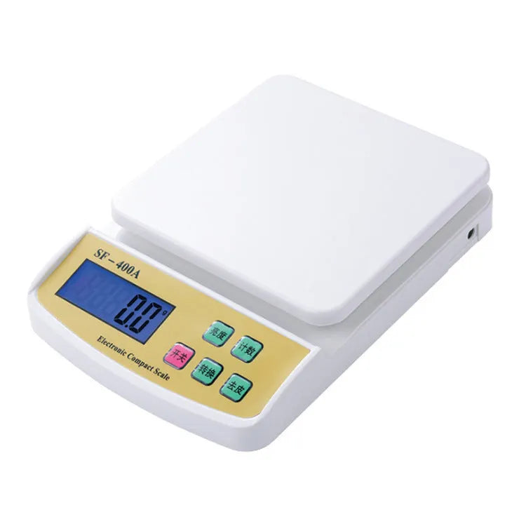 SF-400A black electronic kitchen scale on a countertop displaying a weight reading.