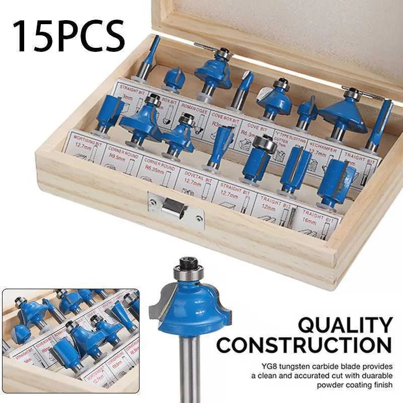5-piece milling cutter set for woodworking trimming machines showing various handle colours and sizes