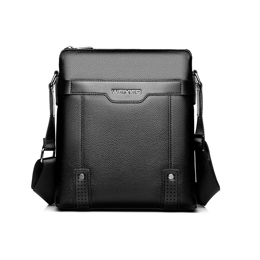 Black PU leather men's square shoulder bag with a single strap and zipper.