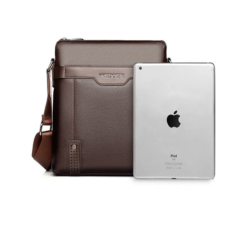 Black PU leather men's square shoulder bag with a single strap and zipper.