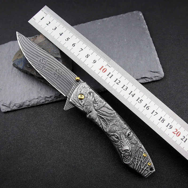 High hardness outdoor folding knife with 9cm 7cr17Mov stone wash stainless steel blade, closed length 120mm, in gift box
