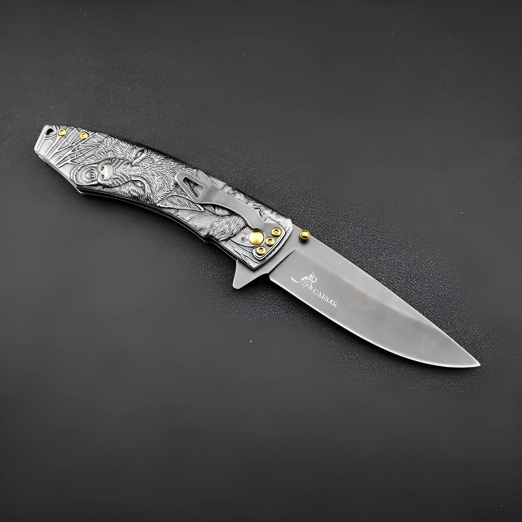 High hardness outdoor folding knife with 9cm 7cr17Mov stone wash stainless steel blade, closed length 120mm, in gift box