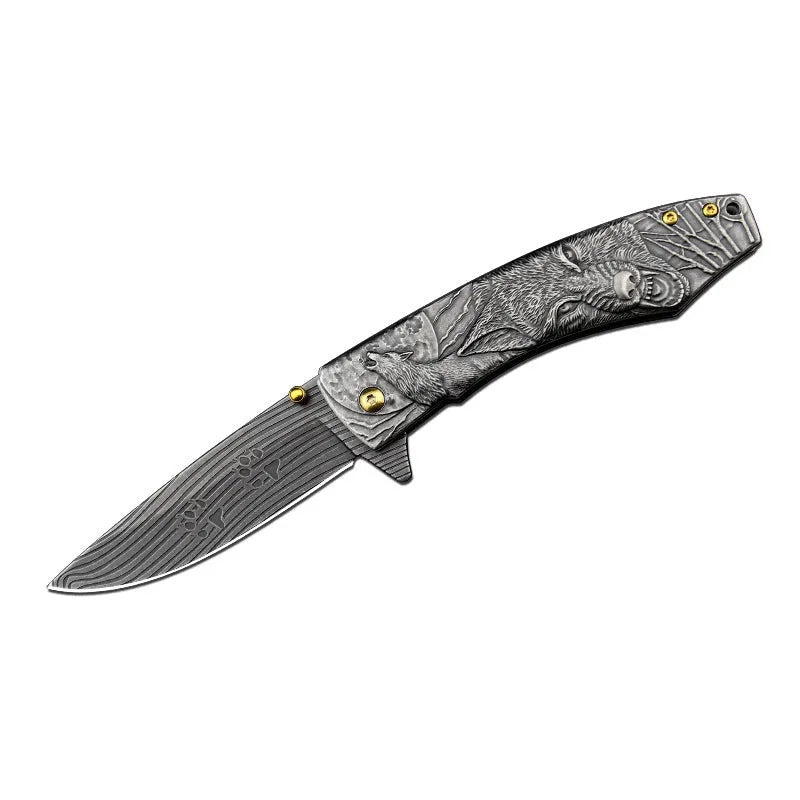 High hardness outdoor folding knife with 9cm 7cr17Mov stone wash stainless steel blade, closed length 120mm, in gift box