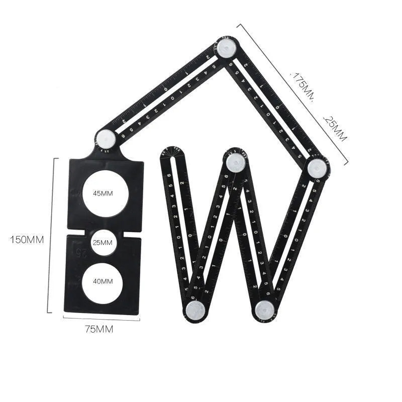 Six-fold aluminium alloy folding ruler in extended position showing perforated joints between sections