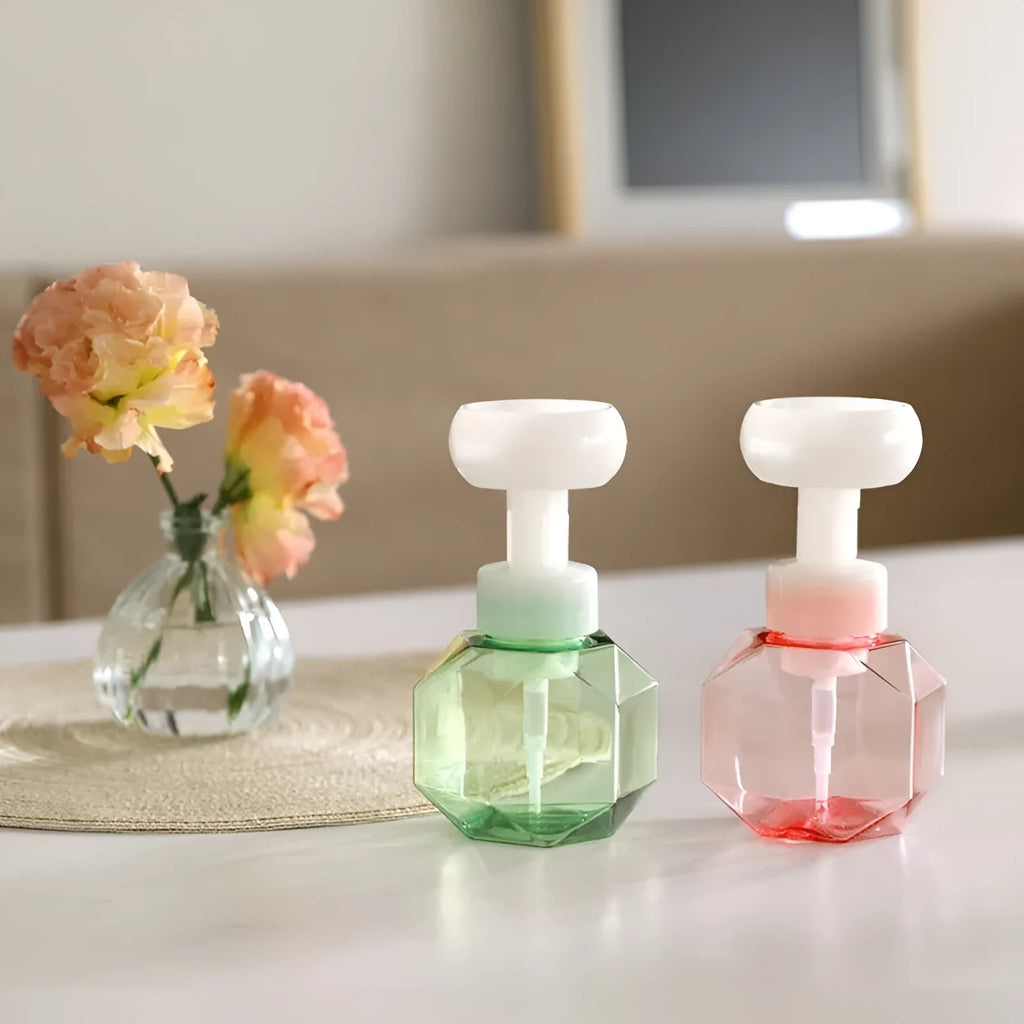 Refillable plastic foam bottle with non-woven fabric sleeve in pink, green, blue, or yellow