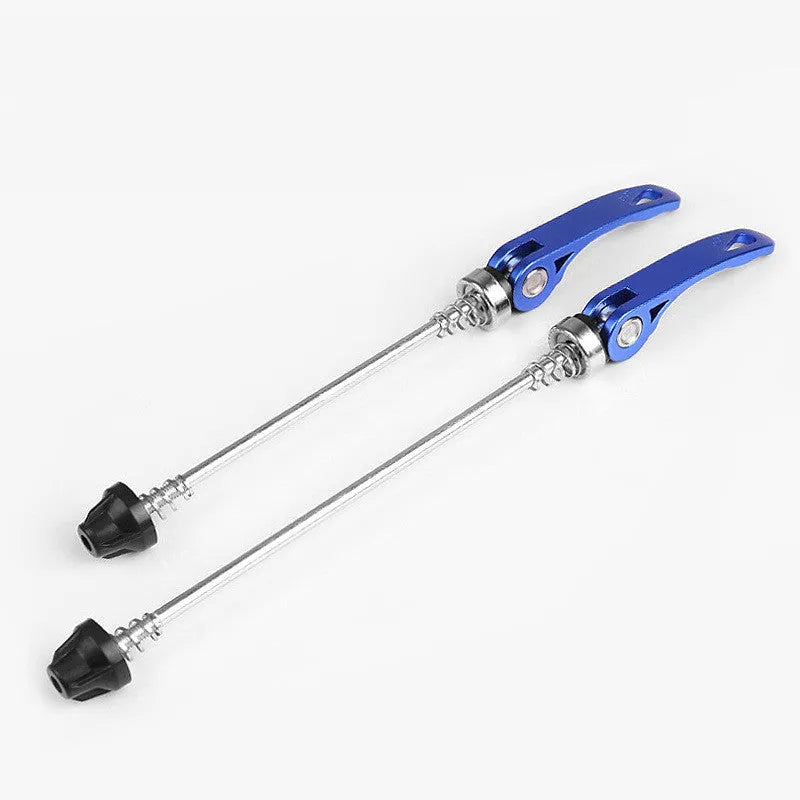 Bicycle quick release lever in silver with aluminium handle and galvanised iron rod.