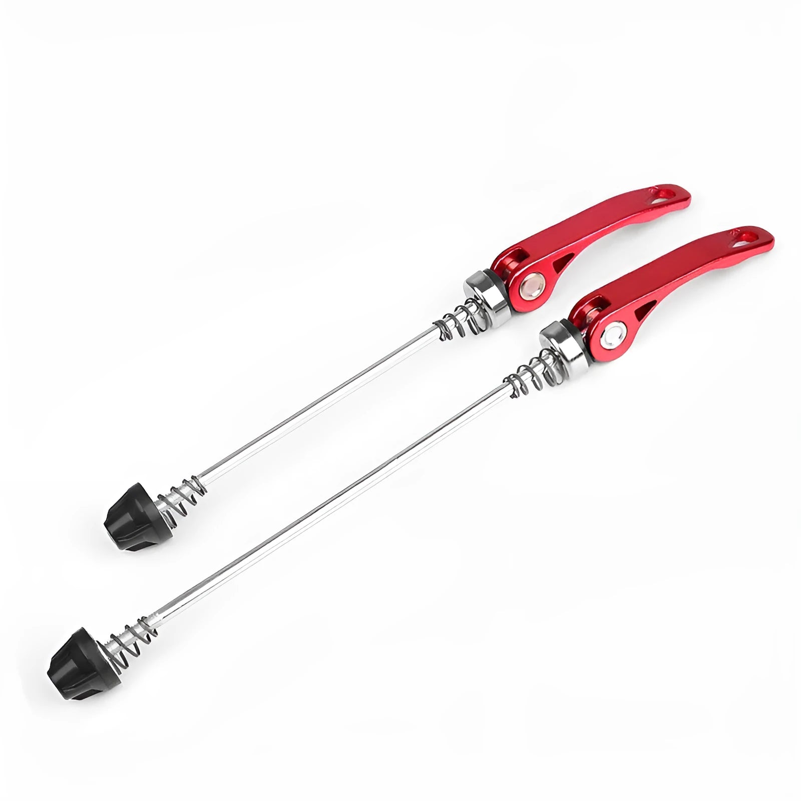 Bicycle quick release lever in silver with aluminium handle and galvanised iron rod.