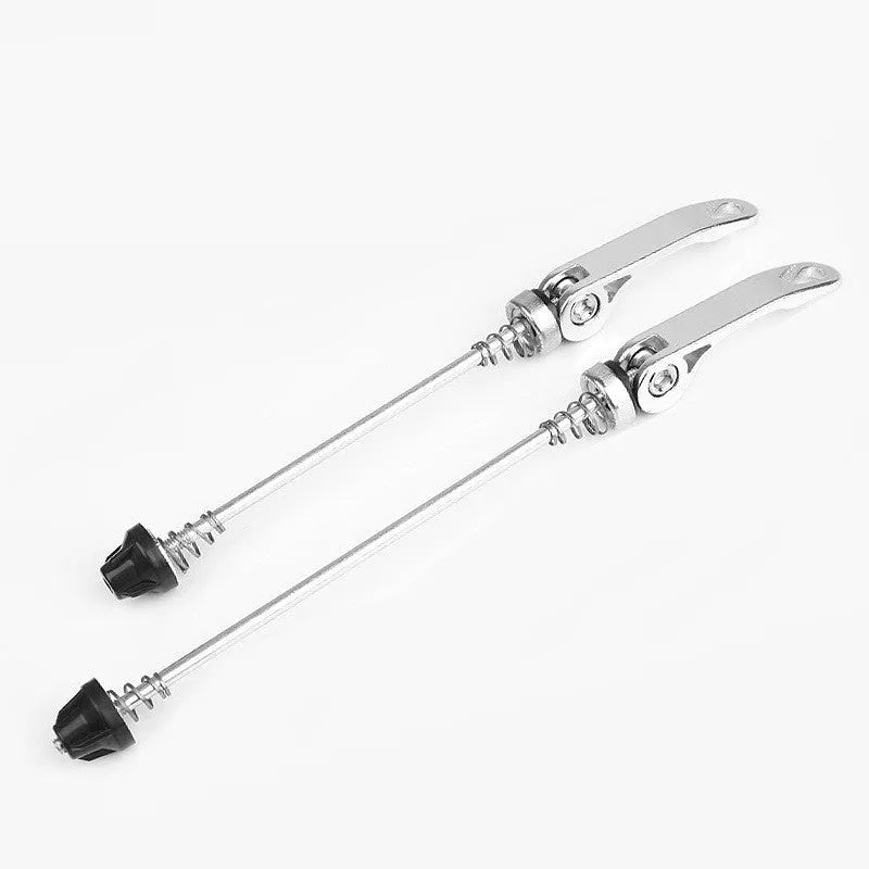 Bicycle quick release lever in silver with aluminium handle and galvanised iron rod.