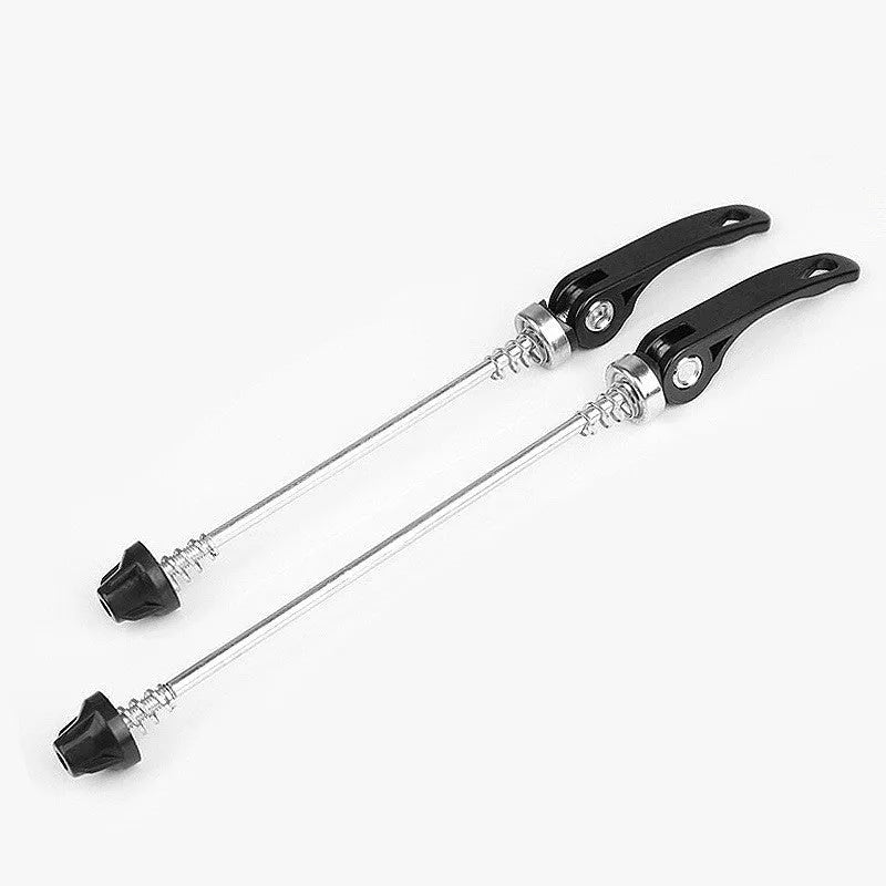 Bicycle quick release lever in silver with aluminium handle and galvanised iron rod.