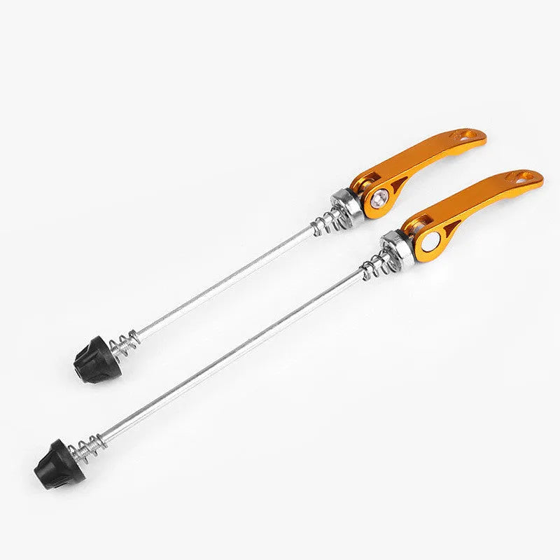 Bicycle quick release lever in silver with aluminium handle and galvanised iron rod.