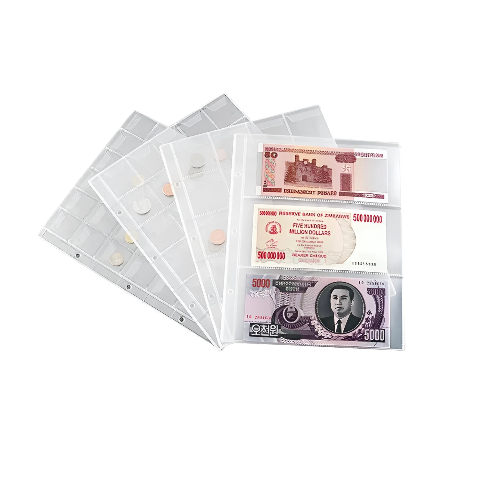 Transparent PVC coin and stamp collection page measuring 252x200mm for album organisation