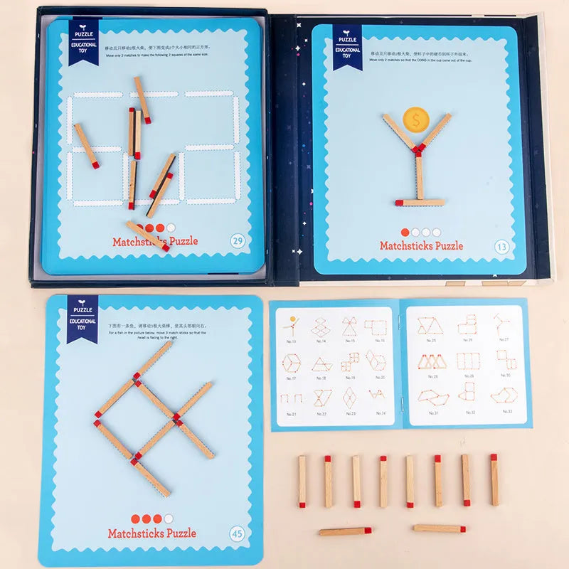 Montessori wooden educational toy with question cards and matches for children's problem-solving activities