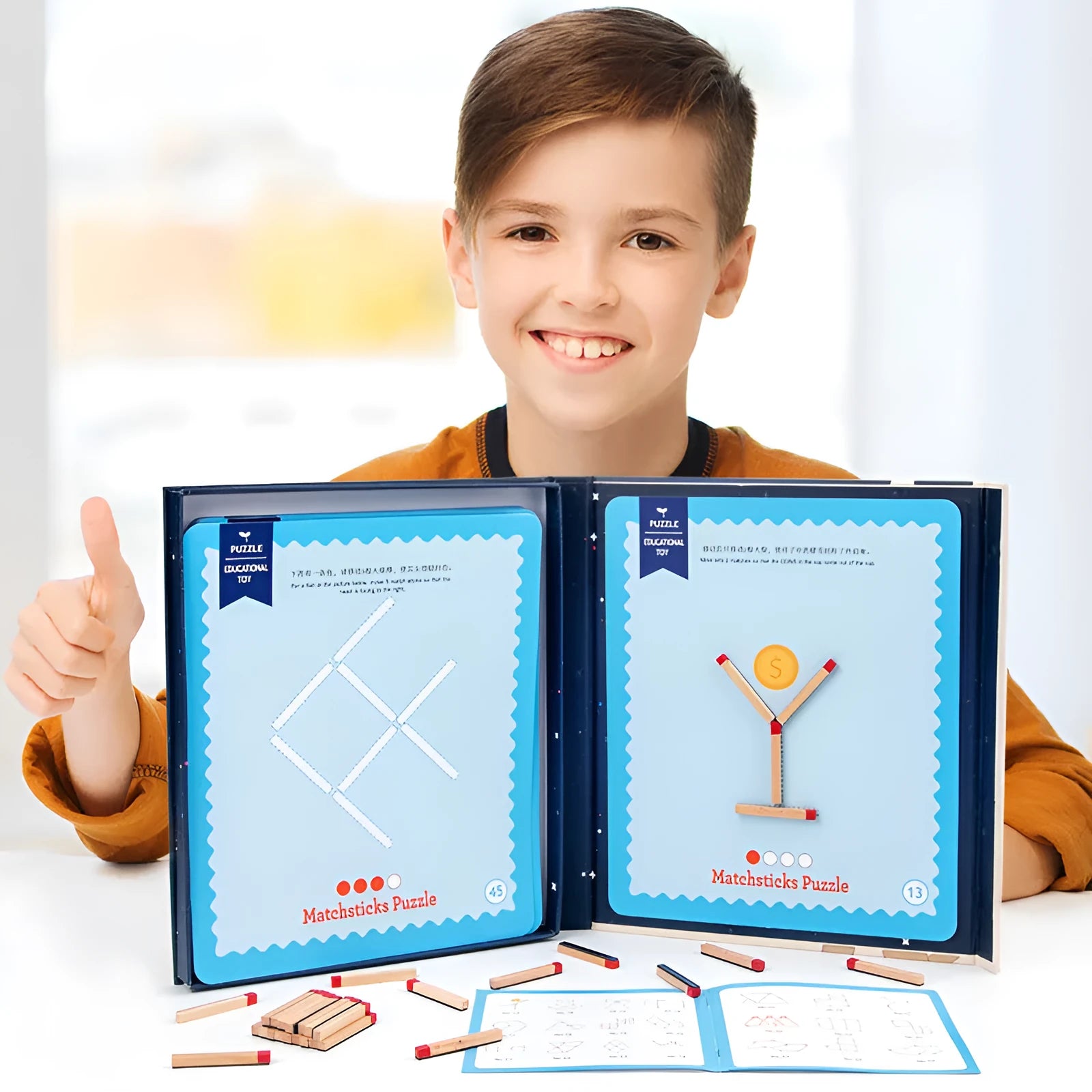 Montessori wooden educational toy with question cards and matches for children's problem-solving activities
