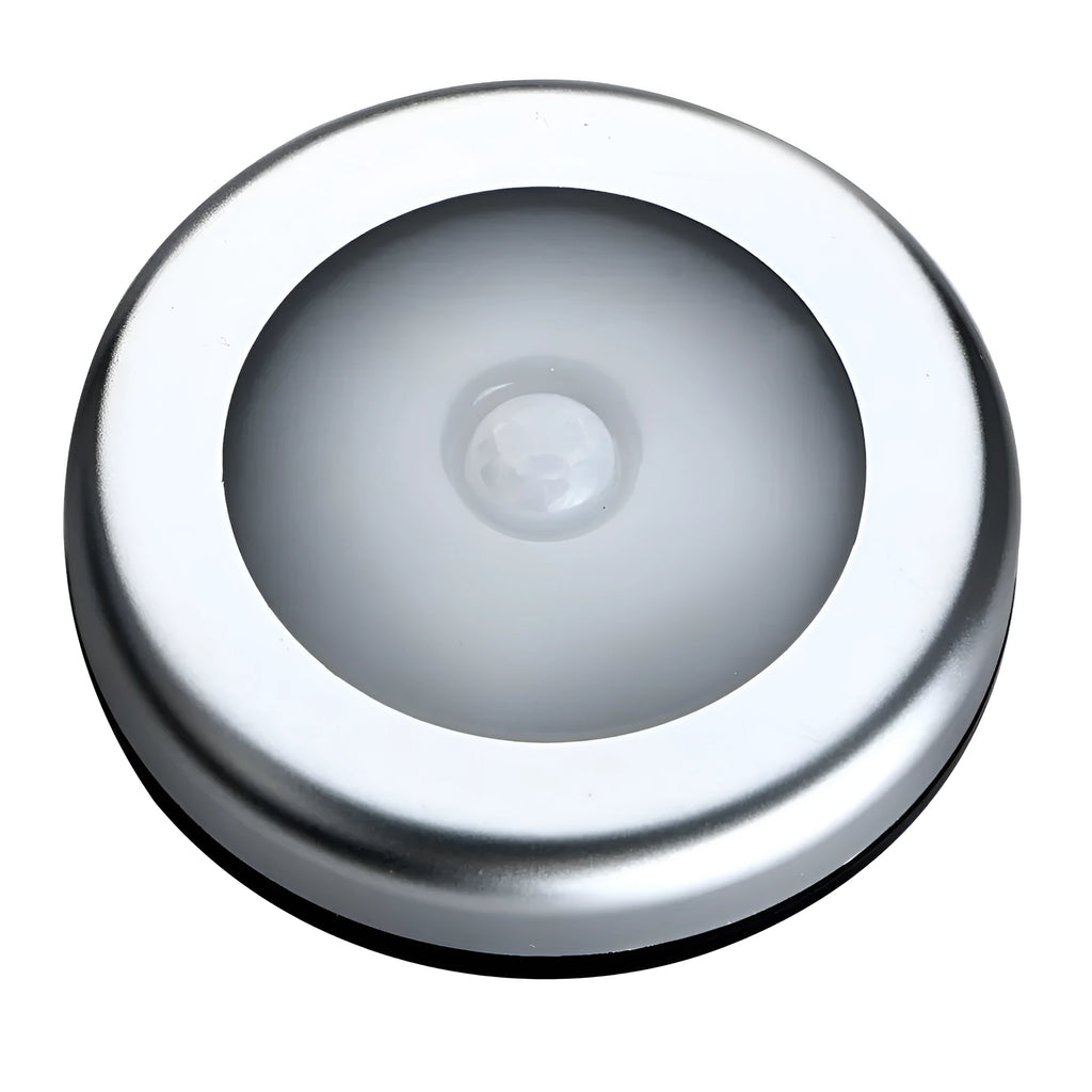 Silver square wireless motion sensor night light on a surface, dimensions 80mm by 80mm.