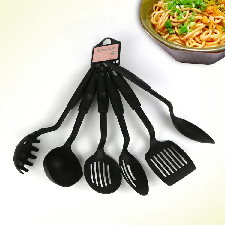 Black rubber kitchen shovel and spoon utensil set for non-stick pan protection