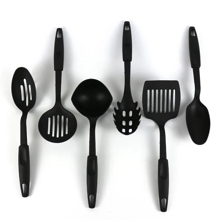 Black rubber kitchen shovel and spoon utensil set for non-stick pan protection