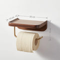 Solid walnut wood wall-mounted paper towel and toilet roll holder with brass fittings.