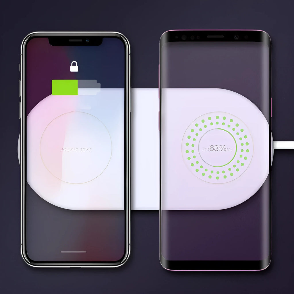 Simple white dual wireless fast charger for two mobile phones on a table