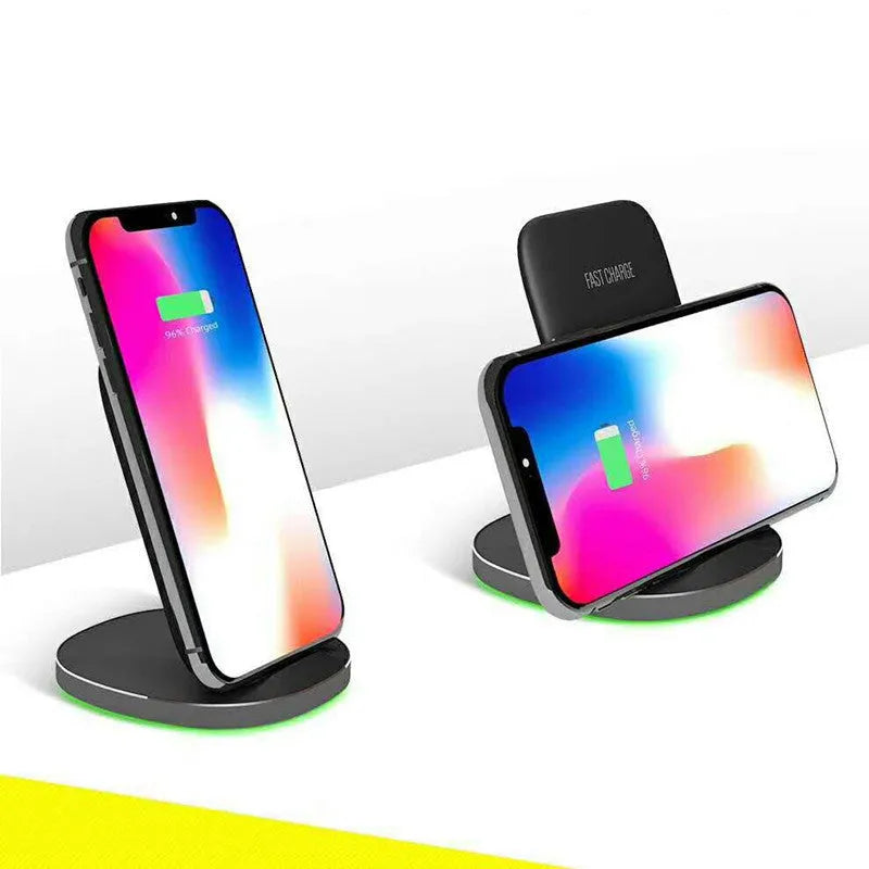 Vertical wireless charging dock in white holding smartphone at angle