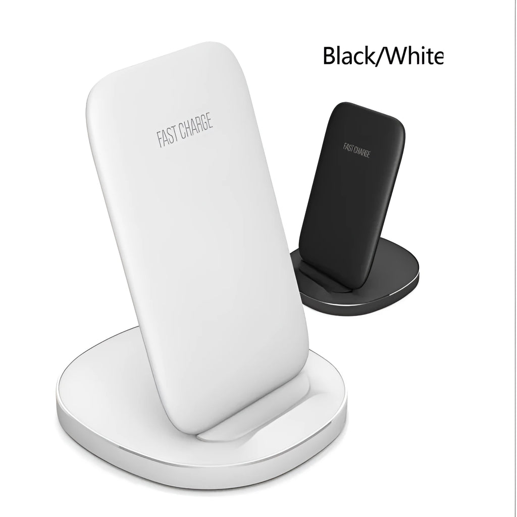 Vertical wireless charging dock in white holding smartphone at angle