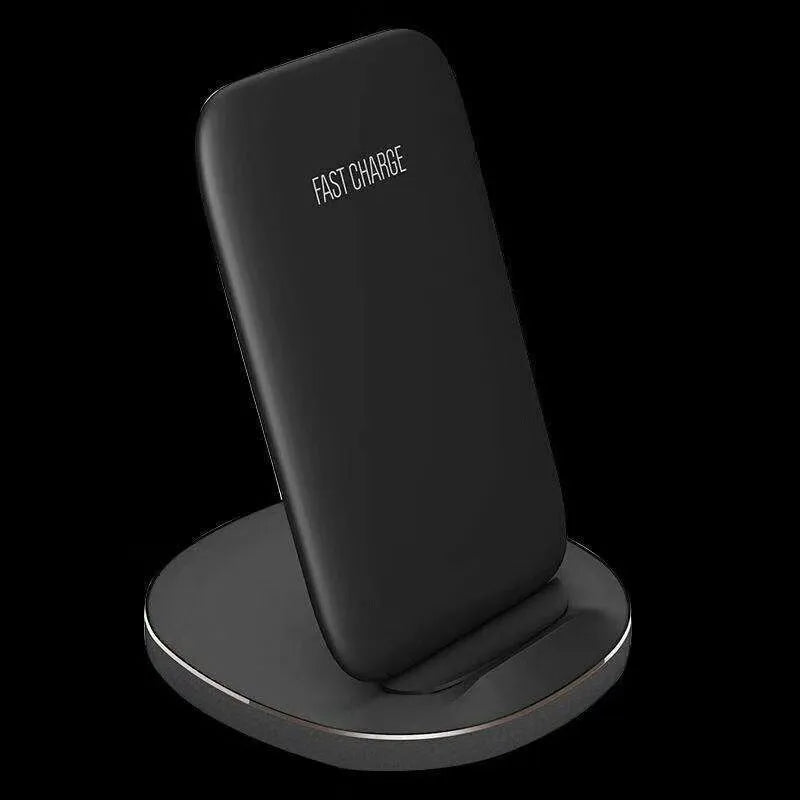 Vertical wireless charging dock in white holding smartphone at angle