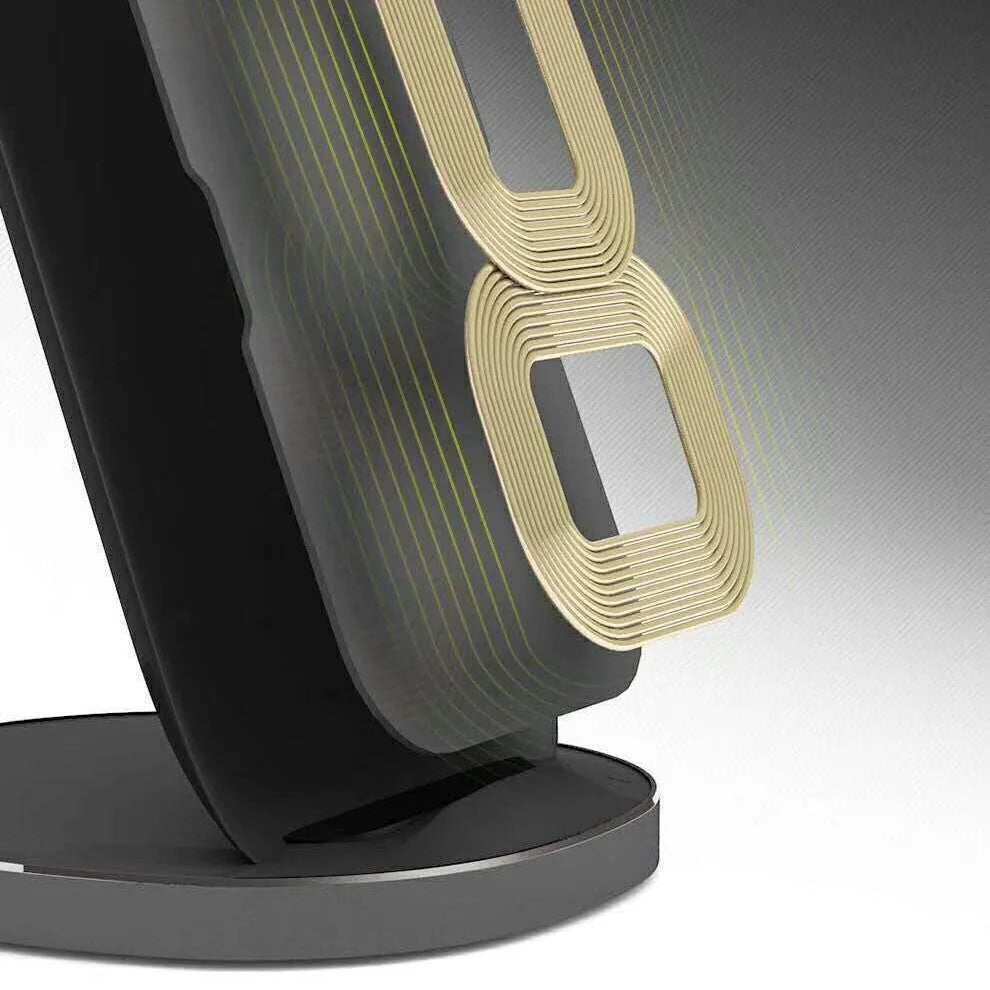 Vertical wireless charging dock in white holding smartphone at angle