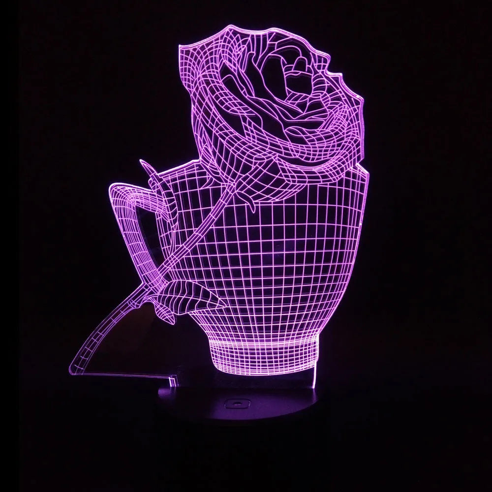3D Rose Flower Night Light in black finish showing laser-engraved design glowing in purple light, with remote control.