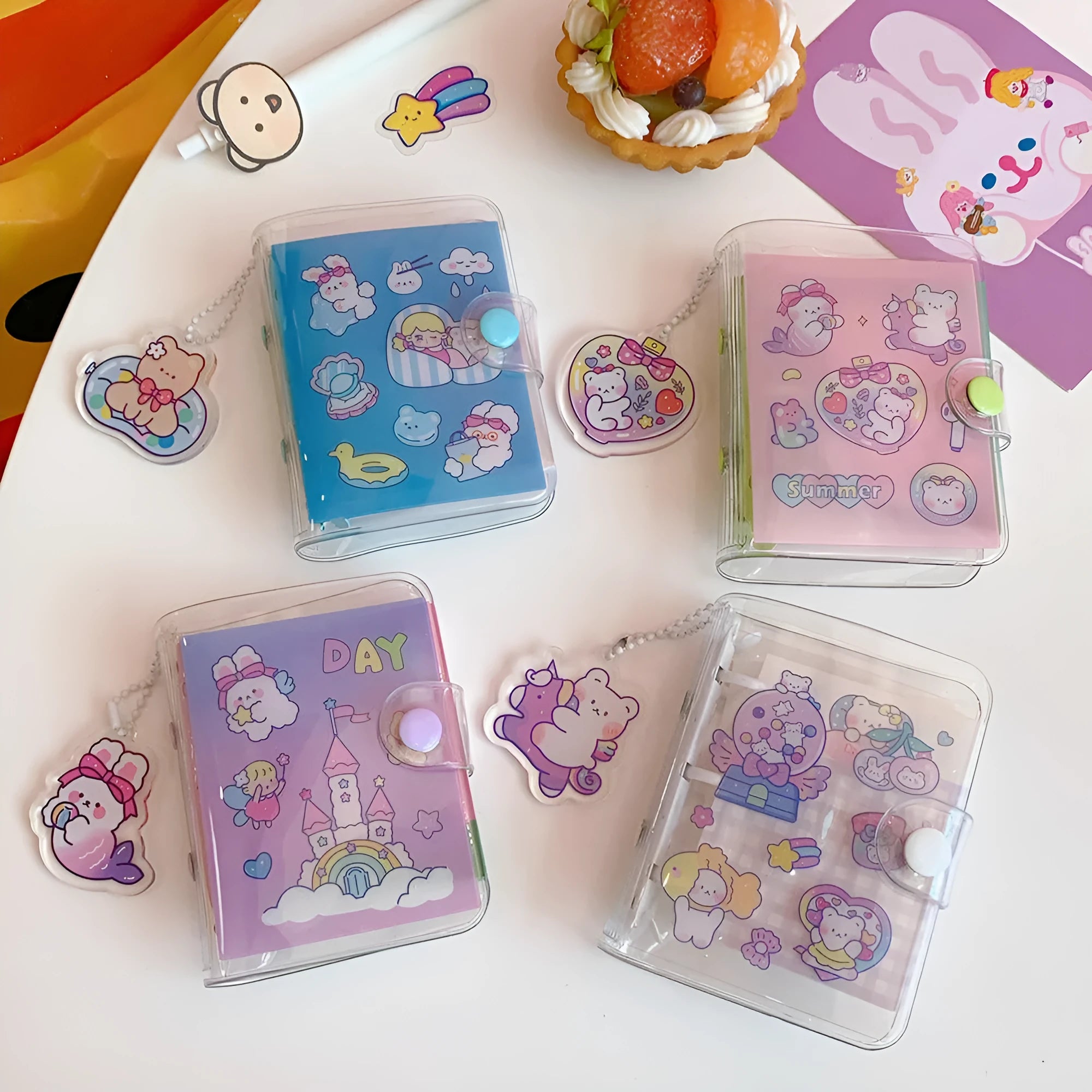 Japanese cute girl heart themed loose leaf refill pages with love bear, candy bear, star bunny and rainbow castle cartoon designs