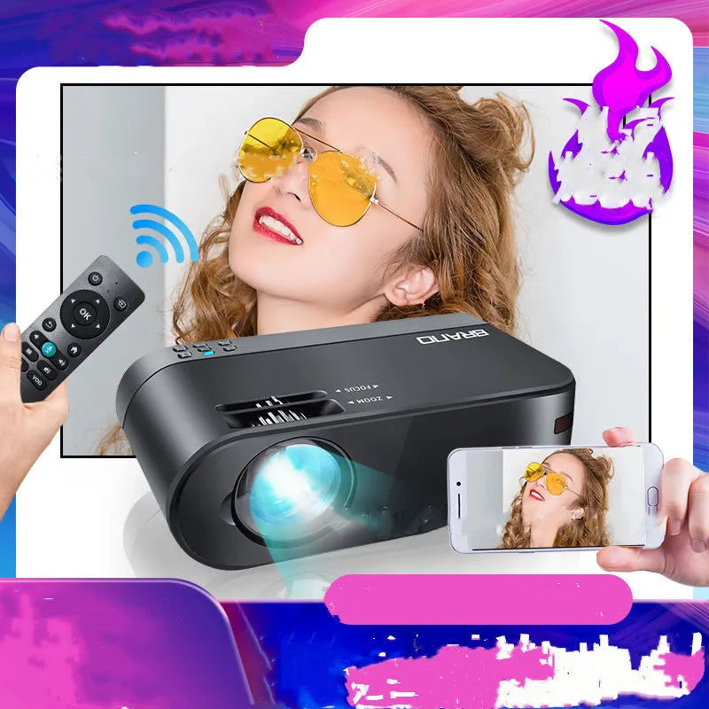 Portable Wi-Fi projector with AI voice control and 8K lens on a table.