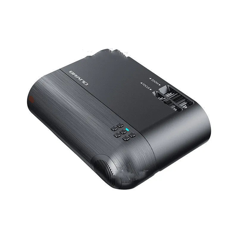 Portable Wi-Fi projector with AI voice control and 8K lens on a table.