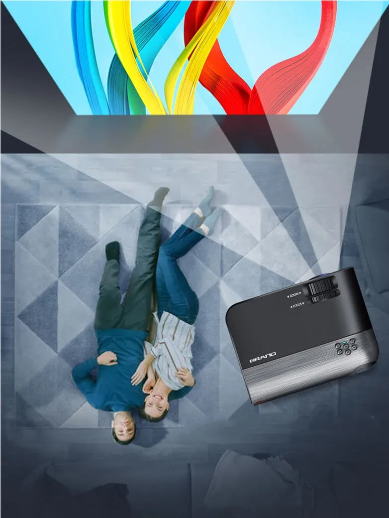Portable Wi-Fi projector with AI voice control and 8K lens on a table.