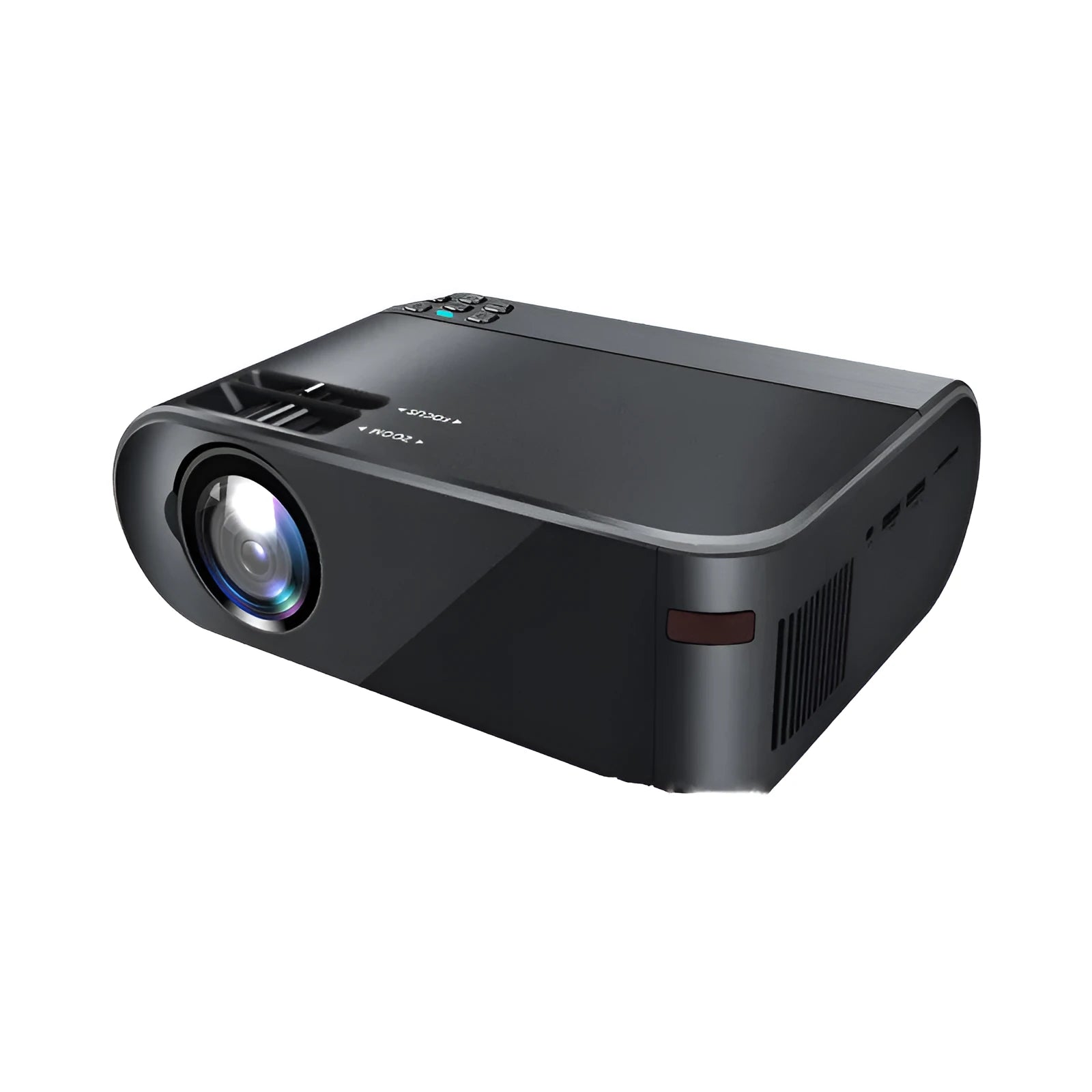 Portable Wi-Fi projector with AI voice control and 8K lens on a table.