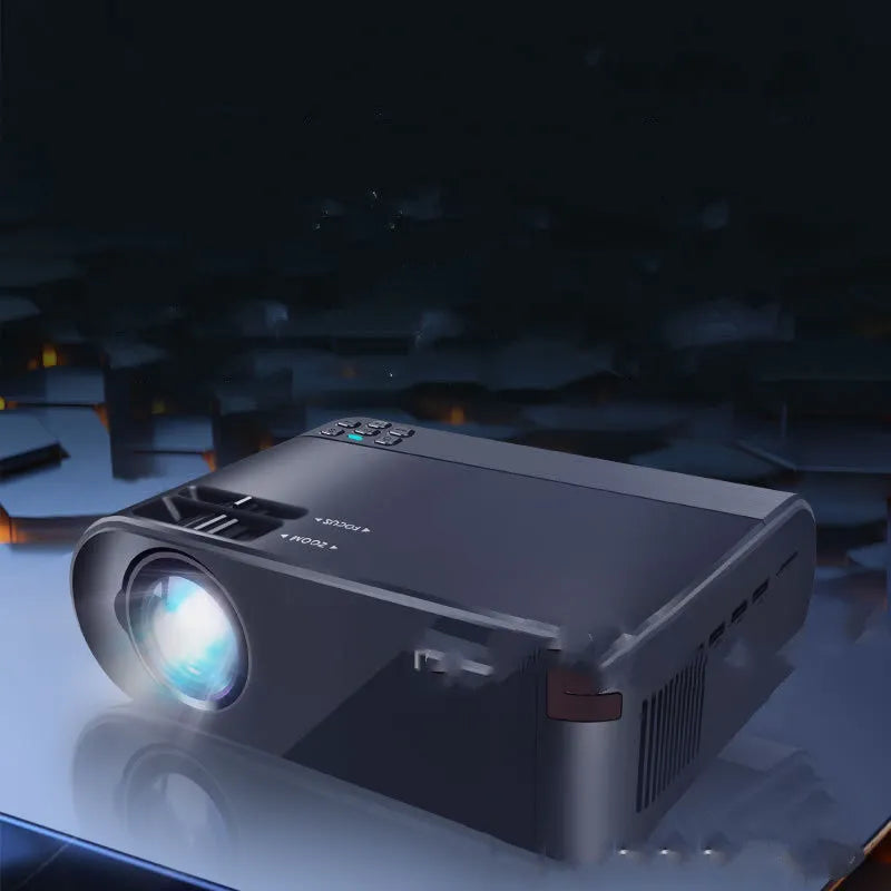 Portable Wi-Fi projector with AI voice control and 8K lens on a table.