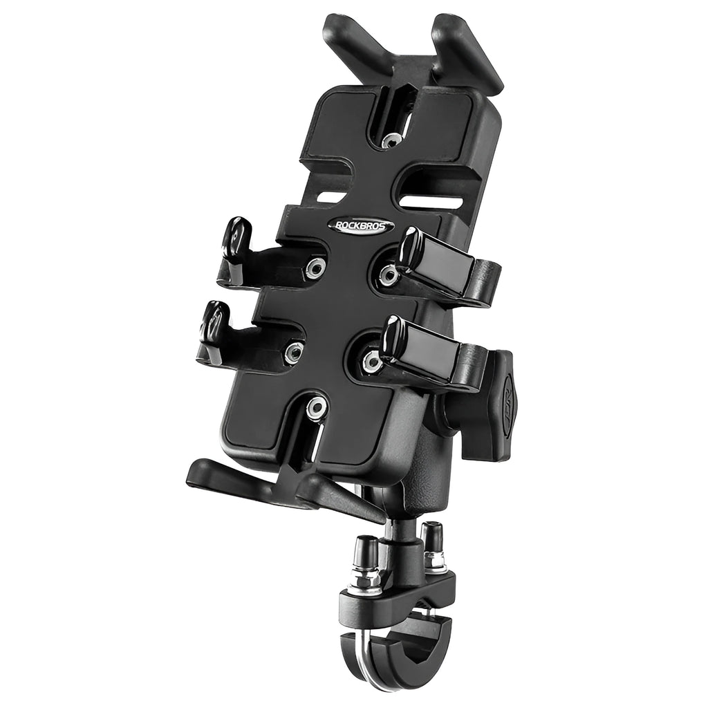Black nylon universal smartphone mount with U-shaped clamp for motorcycle and bicycle handlebars.