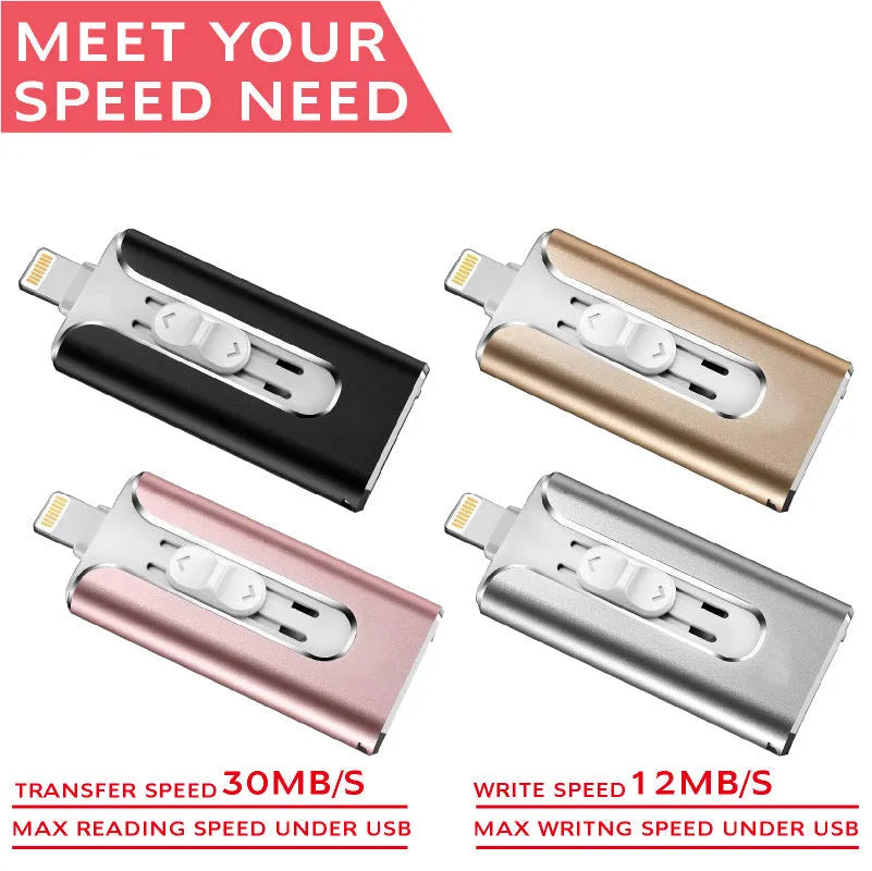 Metal USB flash drive with both USB-A and Lightning connectors shown in black, silver, gold, and rose gold colours.