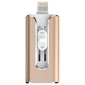 Metal USB flash drive with both USB-A and Lightning connectors shown in black, silver, gold, and rose gold colours.