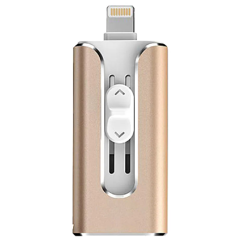 Metal USB flash drive with both USB-A and Lightning connectors shown in black, silver, gold, and rose gold colours.