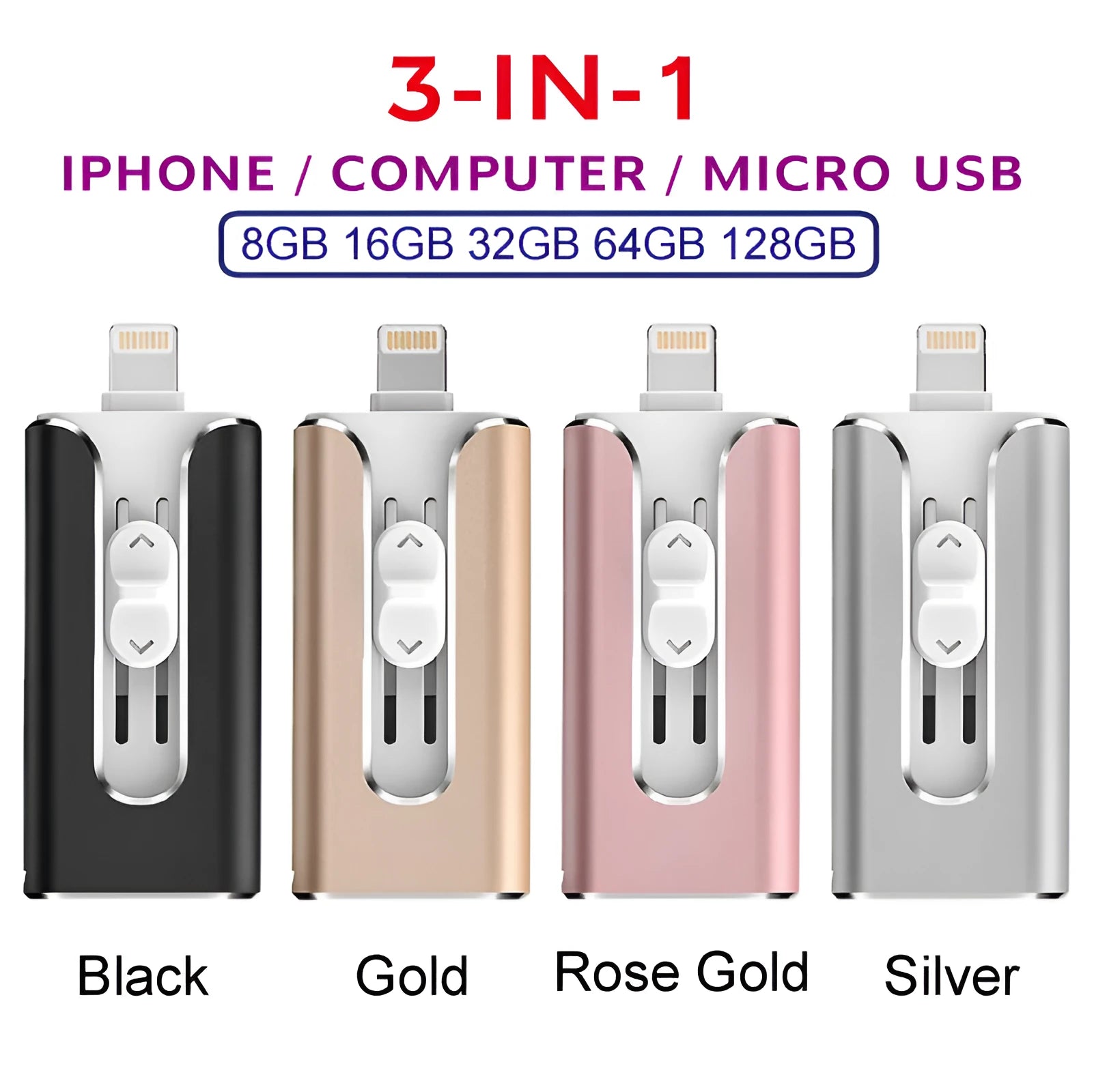 Metal USB flash drive with both USB-A and Lightning connectors shown in black, silver, gold, and rose gold colours.