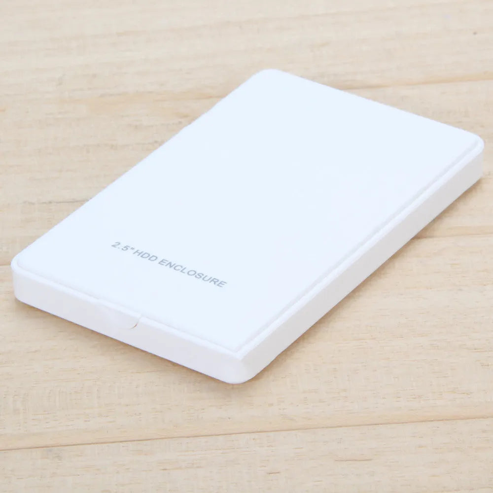 Black 2.5-inch USB 3.0 SATA hard drive enclosure without screws on a flat surface